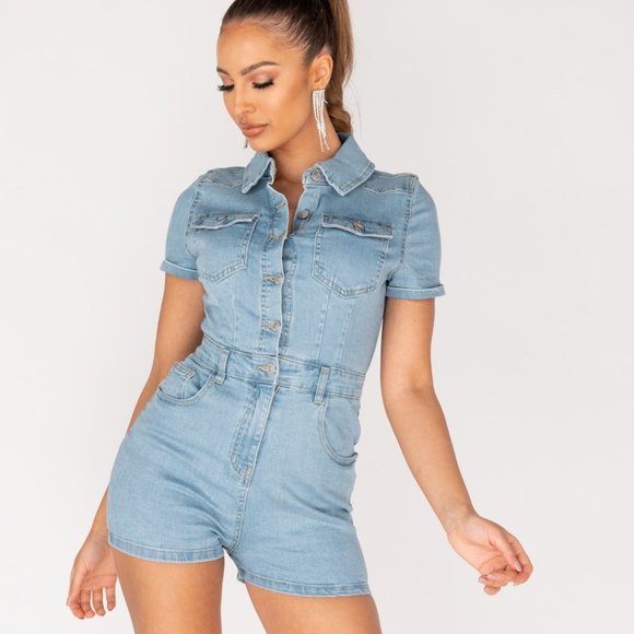 Pants - RESTOCKED! Short Sleeve Denim Jeans Bodycon Romper